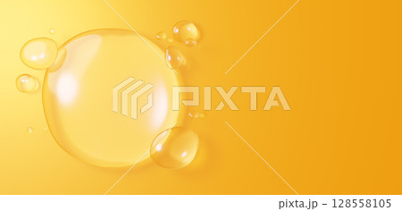 黄色背景に複数の水滴の背景素材。コピースペース。3D(横長) 黄色背景に複数の水滴の背景素材。コピースペース。3D(横長) 128558105