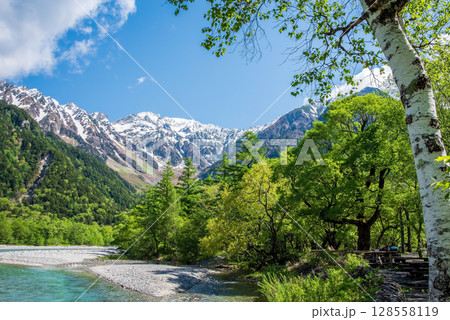 上高地の絶景『美しい梓川の流れと穂高連峰 新緑シーズン』 128558119