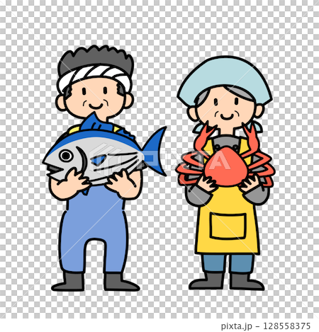 漁民/魚販持有海鮮產品的向量插圖 128558375