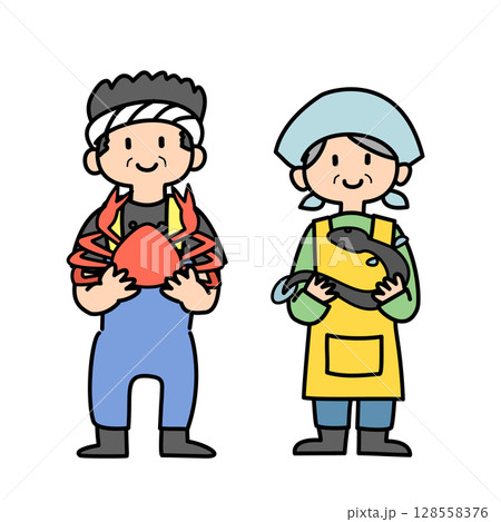 水産物を手に持っている漁師・魚屋さんのベクターイラスト 水産物を手に持っている漁師・魚屋さんのベクターイラスト 128558376