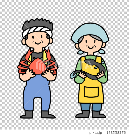 漁民/魚販持有海鮮產品的向量插圖 128558376