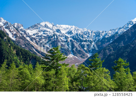 上高地の風景『残雪の穂高連峰』 上高地の風景『残雪の穂高連峰』 128558425