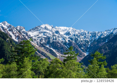 上高地の風景『残雪の穂高連峰』 上高地の風景『残雪の穂高連峰』 128558426