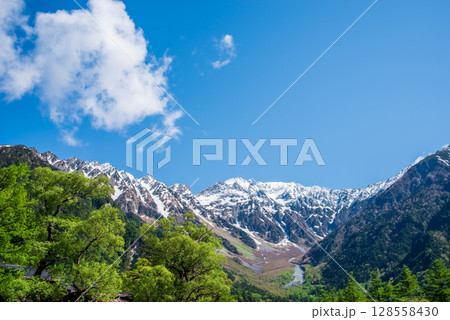 上高地の風景『残雪の穂高連峰』 128558430