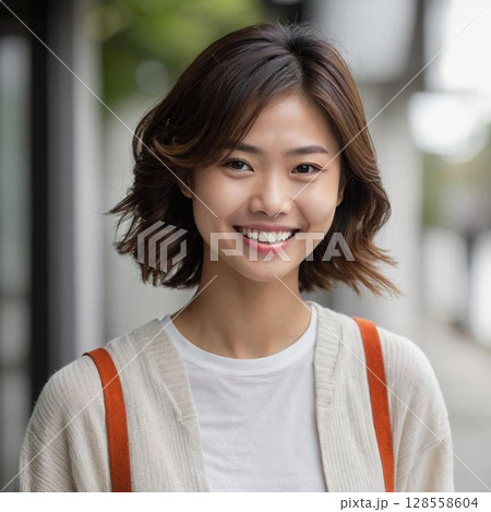 笑顔の若い女性（カジュアルな街角ポートレート） 128558604