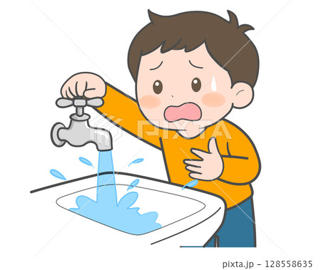 水が止まらず困る男の子 128558635