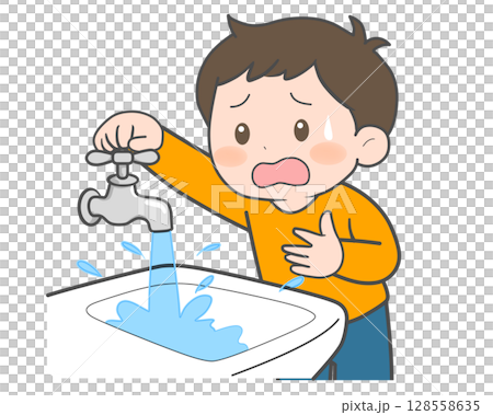 水が止まらず困る男の子 128558635