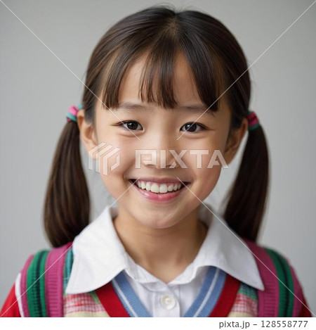 笑顔の小学生の女の子（ツインテールとカラフルな服） 128558777