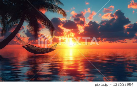 Tranquil sunset hammock scene ocean palm trees and vibrant sky 128558994
