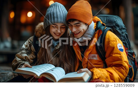 Smiling couple reading book outdoors at night wearing winter clothes 128559009