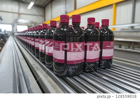 Bottles on conveyor belt in production facility 128559018