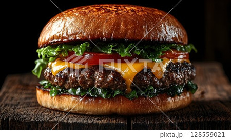 Juicy cheeseburger on toasted bun close up photography 128559021