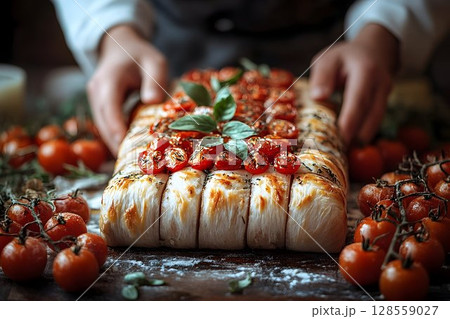 Artisan bread with cherry tomatoes and herbs rustic food photography 128559027
