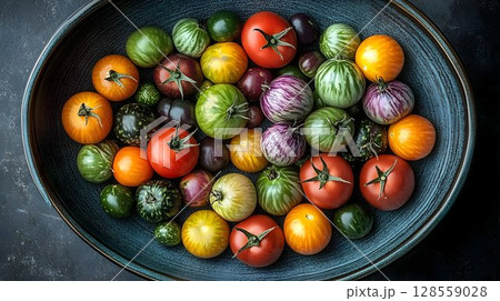 Colorful heirloom tomatoes in rustic bowl overhead view 128559028