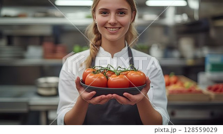 Smiling chef holding fresh tomatoes in kitchen 128559029