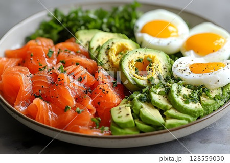 Healthy breakfast plate salmon avocado and eggs 128559030