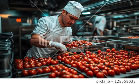 Chef preparing tomatoes in commercial kitchen food preparation and culinary images 128559035
