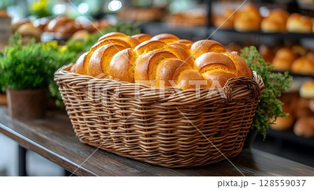 Golden bread loaf in wicker basket bakery setting 128559037