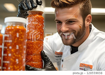 Smiling chef inspecting jars of red sauce in food production facility 128559038