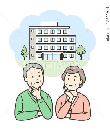 老人ホームまたはマンションへの入居を悩む高齢者夫婦 128559144