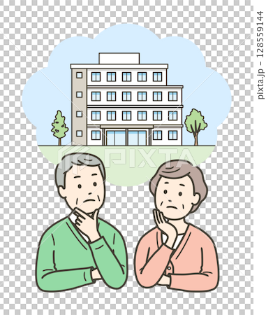 An elderly couple worried about moving into a nursing home or apartment 128559144