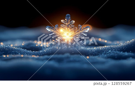 Illuminated snowflake on snowy surface winter holiday background 128559267