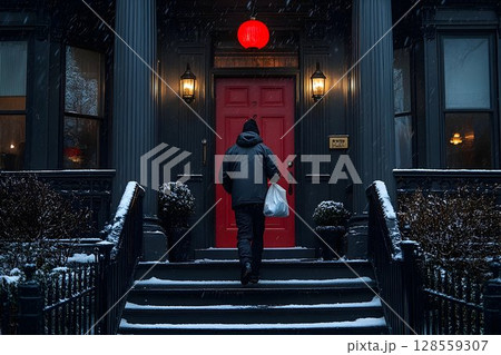 Person walking towards red door entrance in snowy winter night 128559307