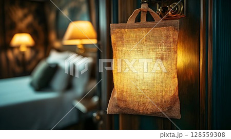 Illuminated burlap bag hanging on door warm light blurred bedroom background Illuminated burlap bag hanging on door warm light blurred bedroom background 128559308