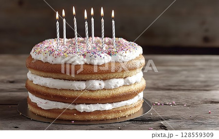 Delicious layered cake with lit candles and sprinkles 128559309