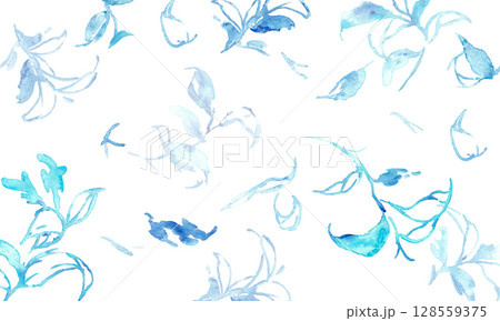水彩画。水彩タッチの夏の水色草木背景。草木のベクターイラスト背景。 水彩画。水彩タッチの夏の水色草木背景。草木のベクターイラスト背景。 128559375