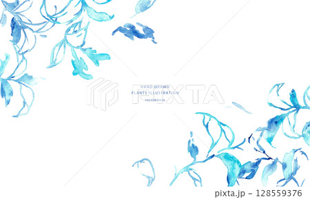 水彩画。水彩タッチの夏の水色草木背景。草木のベクターイラスト背景。 水彩画。水彩タッチの夏の水色草木背景。草木のベクターイラスト背景。 128559376