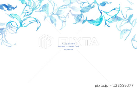 水彩画。水彩タッチの夏の水色草木背景。草木のベクターイラスト背景。 水彩画。水彩タッチの夏の水色草木背景。草木のベクターイラスト背景。 128559377
