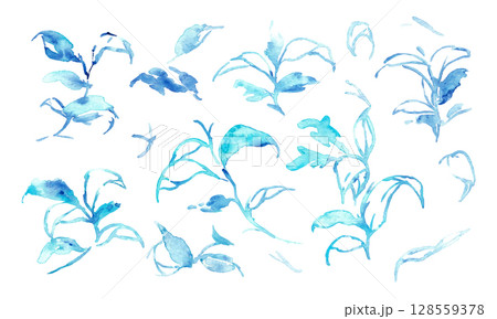 水彩画。水彩タッチの夏の水色草木背景。草木のベクターイラスト背景。 水彩画。水彩タッチの夏の水色草木背景。草木のベクターイラスト背景。 128559378