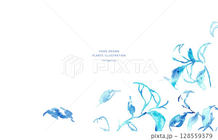 水彩画。水彩タッチの夏の水色草木背景。草木のベクターイラスト背景。 水彩画。水彩タッチの夏の水色草木背景。草木のベクターイラスト背景。 128559379