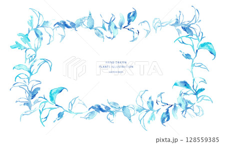 水彩画。水彩タッチの夏の水色草木背景。草木のベクターイラスト背景。 128559385