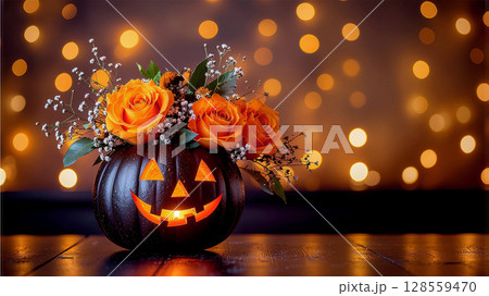 ハロウィン ジャックオーランタンとオレンジの薔薇のフラワーアレンジメント ハロウィン ジャックオーランタンとオレンジの薔薇のフラワーアレンジメント 128559470