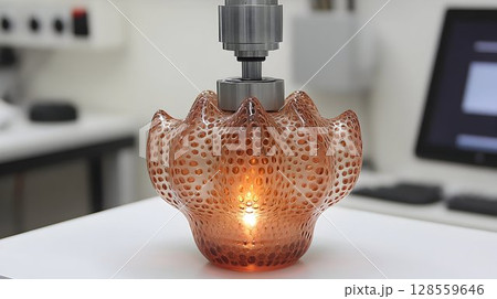 Illuminated textured glass object held by mechanical device 128559646