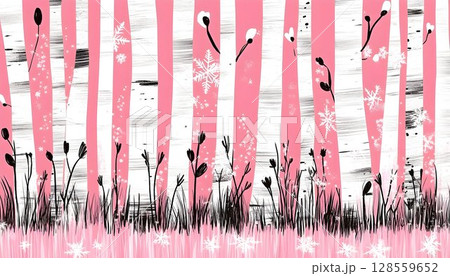 Pink Birch Forest Winter Scene with Delicate Flowers 128559652