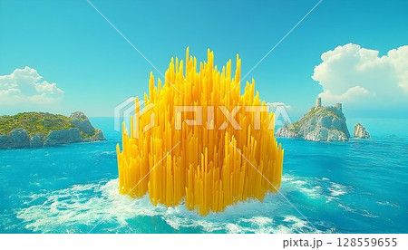 Golden Spire Island: A surreal seascape with towering yellow for Golden Spire Island: A surreal seascape with towering yellow for 128559655