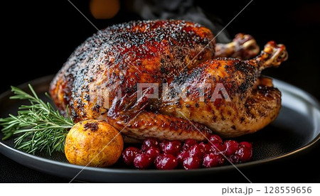 Roasted turkey with cranberries and herbs delicious holiday meal 128559656