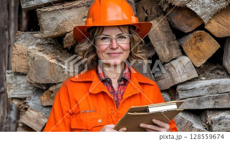 Woman in safety helmet holding clipboard near woodpile 128559674