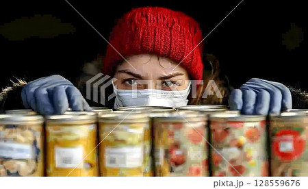 Woman volunteering donating food wearing facemask and gloves 128559676