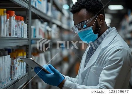 Pharmacist checking inventory on tablet in warehouse 128559677