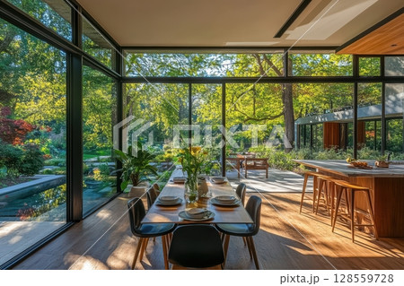 A large open space with a dining table and chairs 128559728