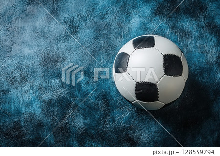 A soccer ball is sitting on a blue surface 128559794