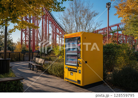 A yellow vending machine is in front of a red roller coaster 128559795