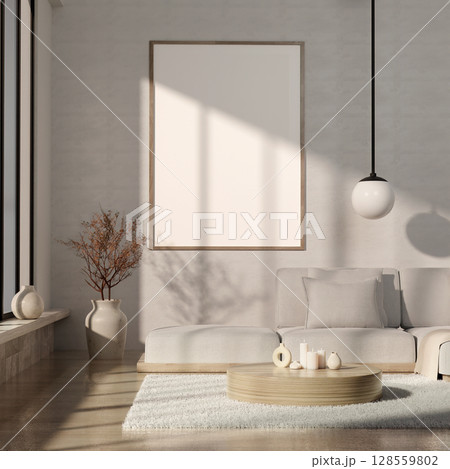 Modern Minimalist Living Room with Cozy Sofa, Coffee Table, and Large Window 128559802