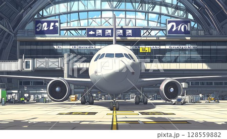 Airplane nose view inside a hangar with terminal windows and blu Airplane nose view inside a hangar with terminal windows and blu 128559882