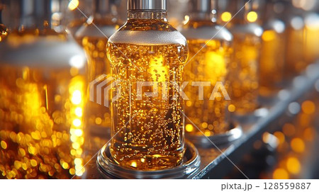 Golden Liquid Bottles in a Production Line, Sparkling with Bubbl 128559887