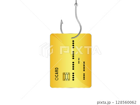 フィッシング詐欺の概念でクレジットカードを釣り針で盗まれる3dイラスト フィッシング詐欺の概念でクレジットカードを釣り針で盗まれる3dイラスト 128560062